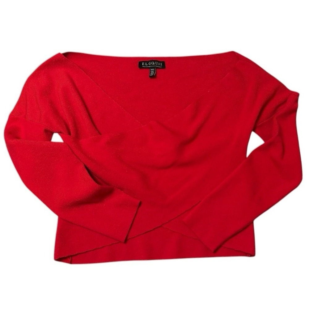 Elloquii Women's Red Cross Wrap Size 14/16 Long Sleeve Top Blouse V Neck Stretch